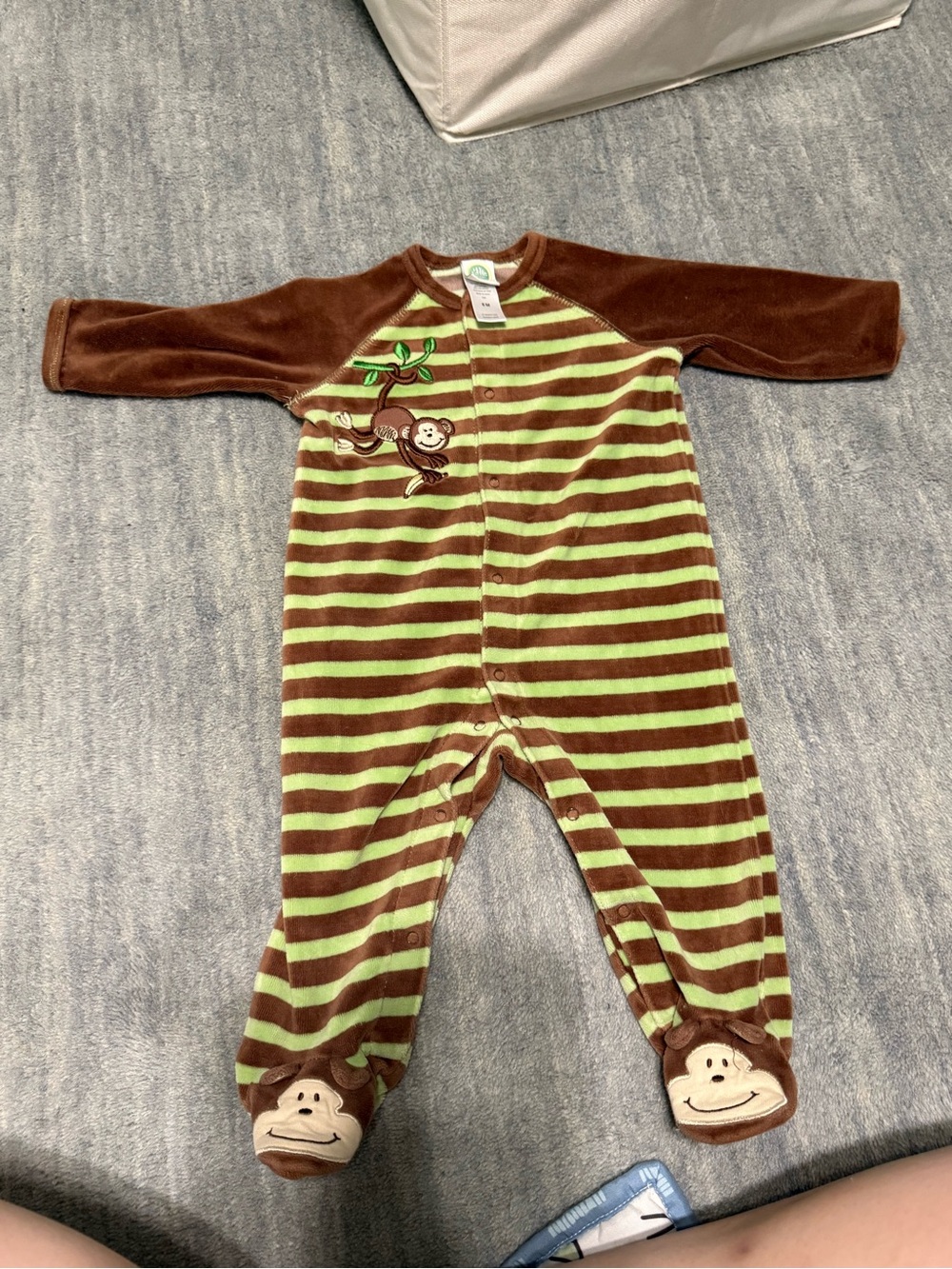 Y2K vintage brown and green striped monkey design polyester footed onesie 3-6m